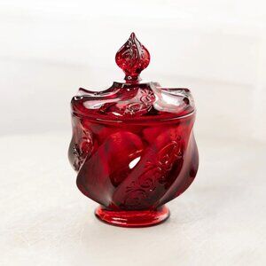 Vintage Fenton Paisley Red Amberina Glass Lidded Dish (Glows)
